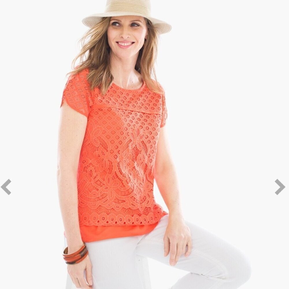 Chico's Orange Lanny Lace Overlay Tee, Size 2 (US Size Large 12)